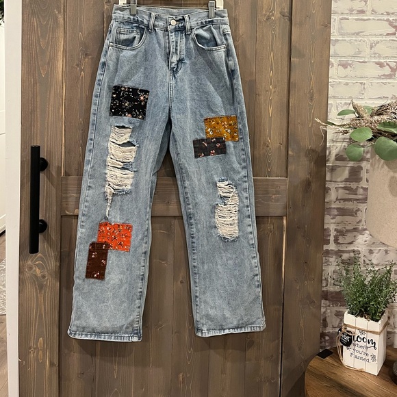 Cider Denim - Cider Light Blue Straight Leg Jeans with Patchwork